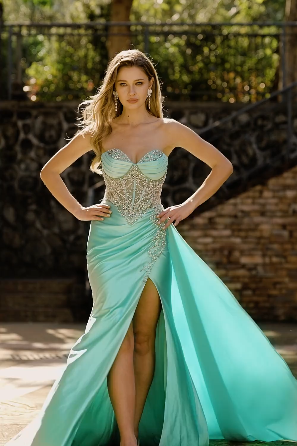 Sparkly Mint Green Mermaid Beaded Long Corset Prom Dress with Slit
