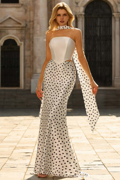 White and Black Polka Dots Mermaid Neck Scarf Long Prom Dress