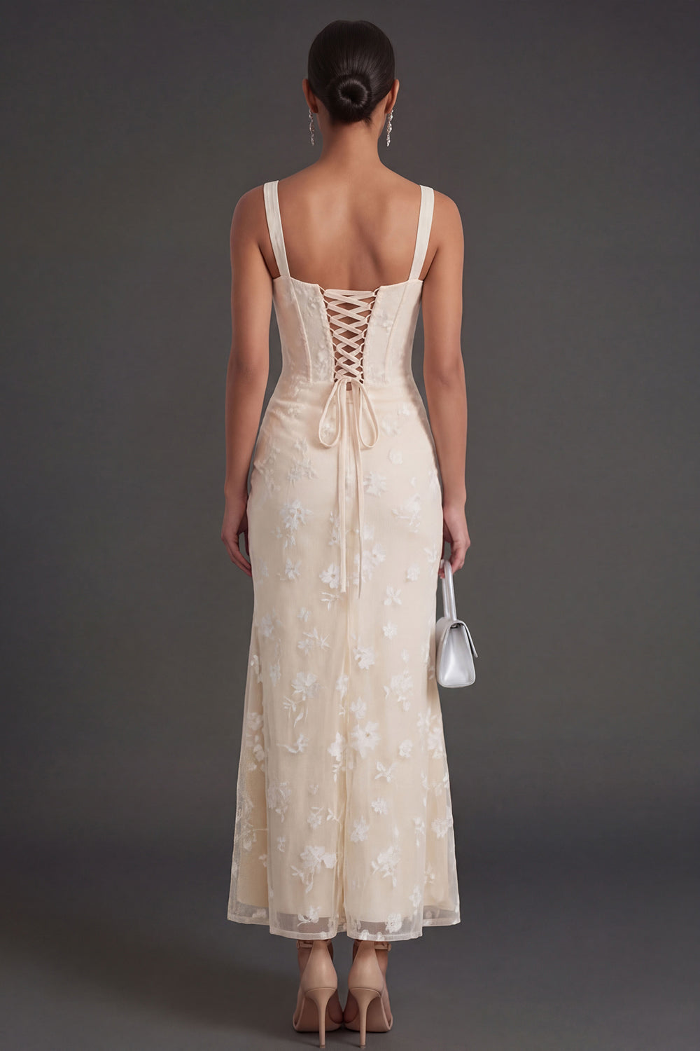 Floral White Sheath Thick Straps Corset Ruched Midi Engagement Dress