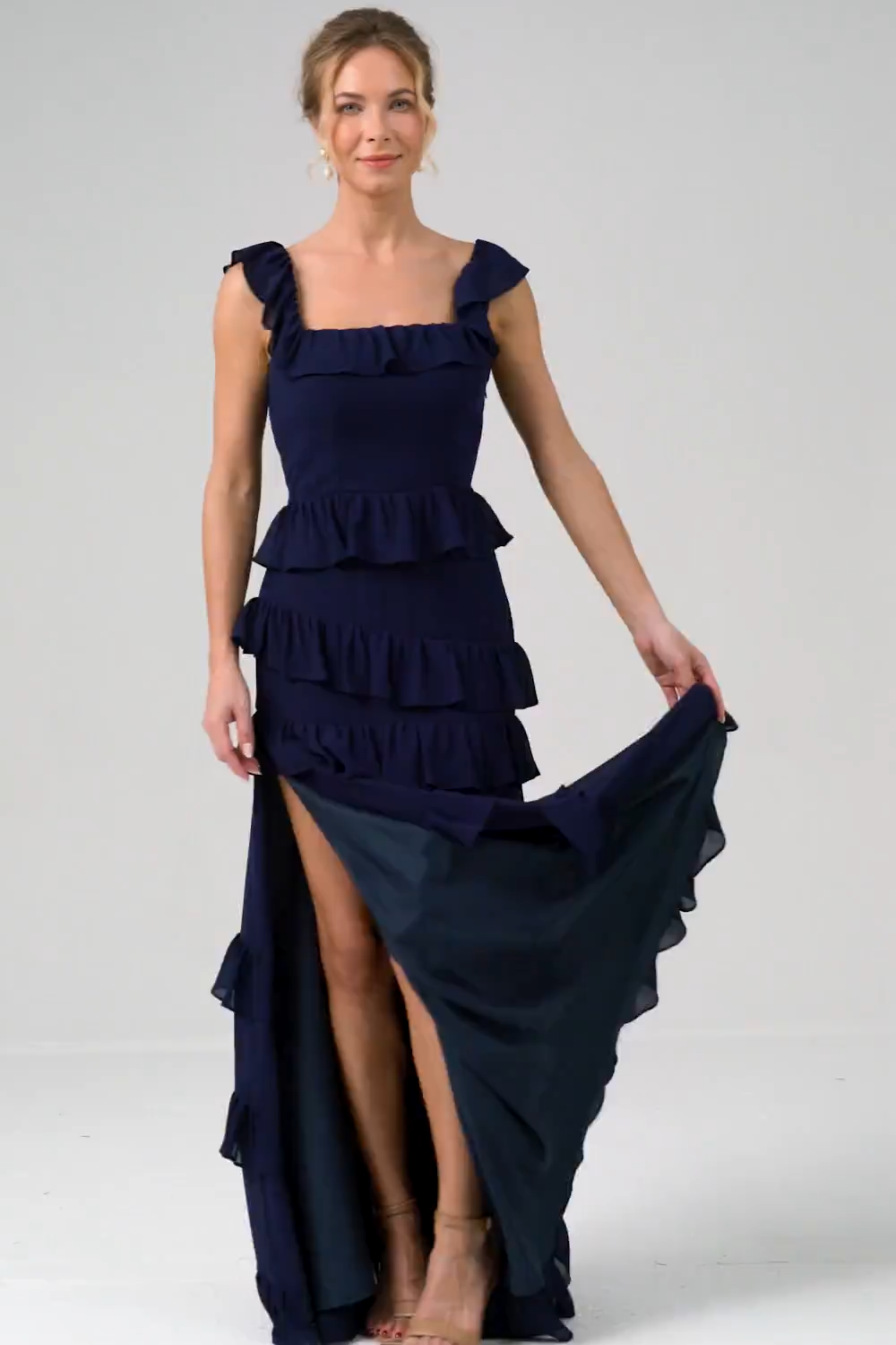 Dark Navy Square Neck A-Line Tiered Chiffon Bridesmaid Dress with Slit