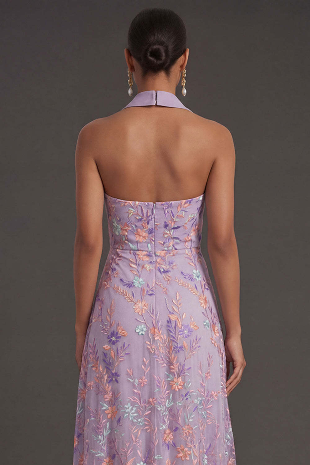 Lilac Floral A Line Halter Neck Embroidered Long Formal Dress
