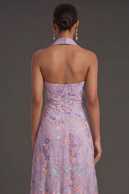 Lilac Floral A Line Halter Neck Embroidered Long Formal Dress