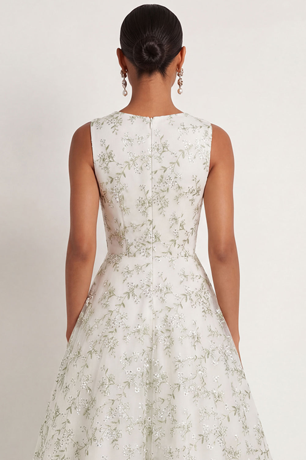 A Line Light Green Round Neck Sleeveless Embroidered Long Formal Dress