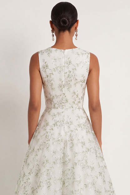 A Line Light Green Round Neck Sleeveless Embroidered Long Formal Dress