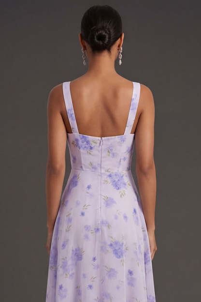 Floral Lilac A Line Thick Straps Sleeveless Backless Long Formal Dress