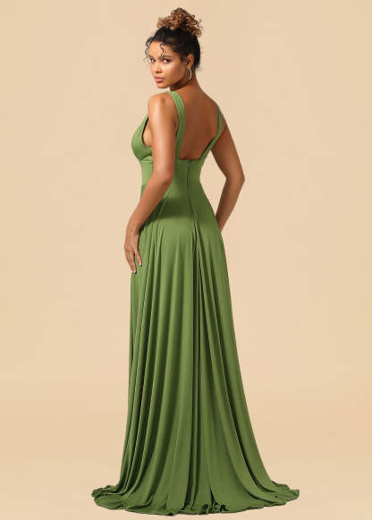 Deep V-neck Spandex A-line Maxi Bridesmaid Dress with Slit