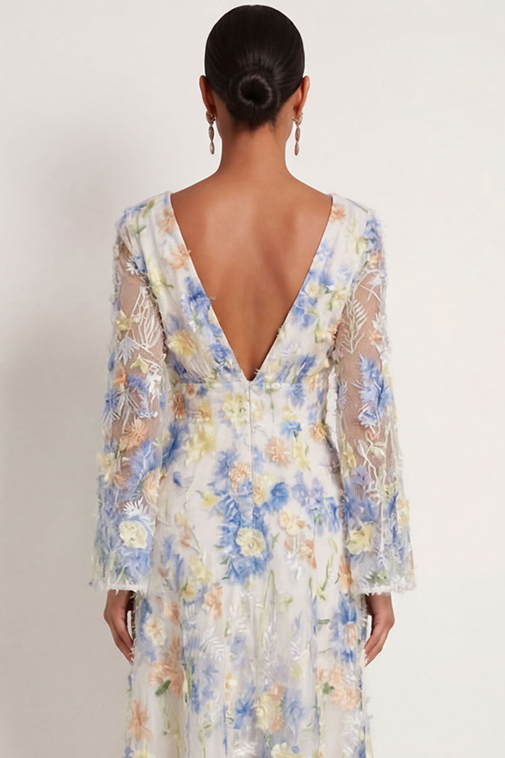 Light Blue A Line Floral Appliqued V Neck Flutter Sleeves Long Wedding Guest Dress