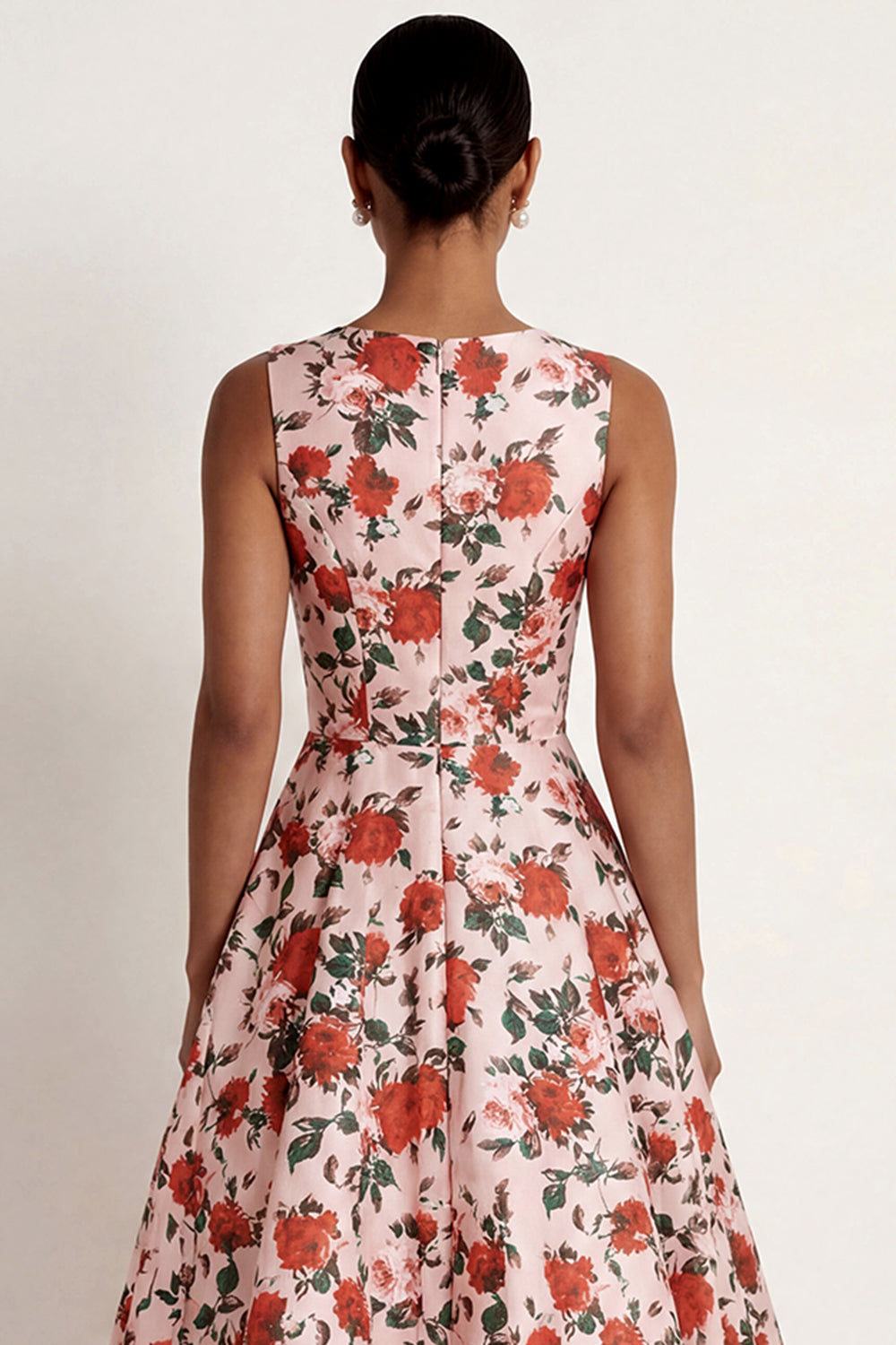 A Line Pink Red Floral Round Neck Long Formal Dress