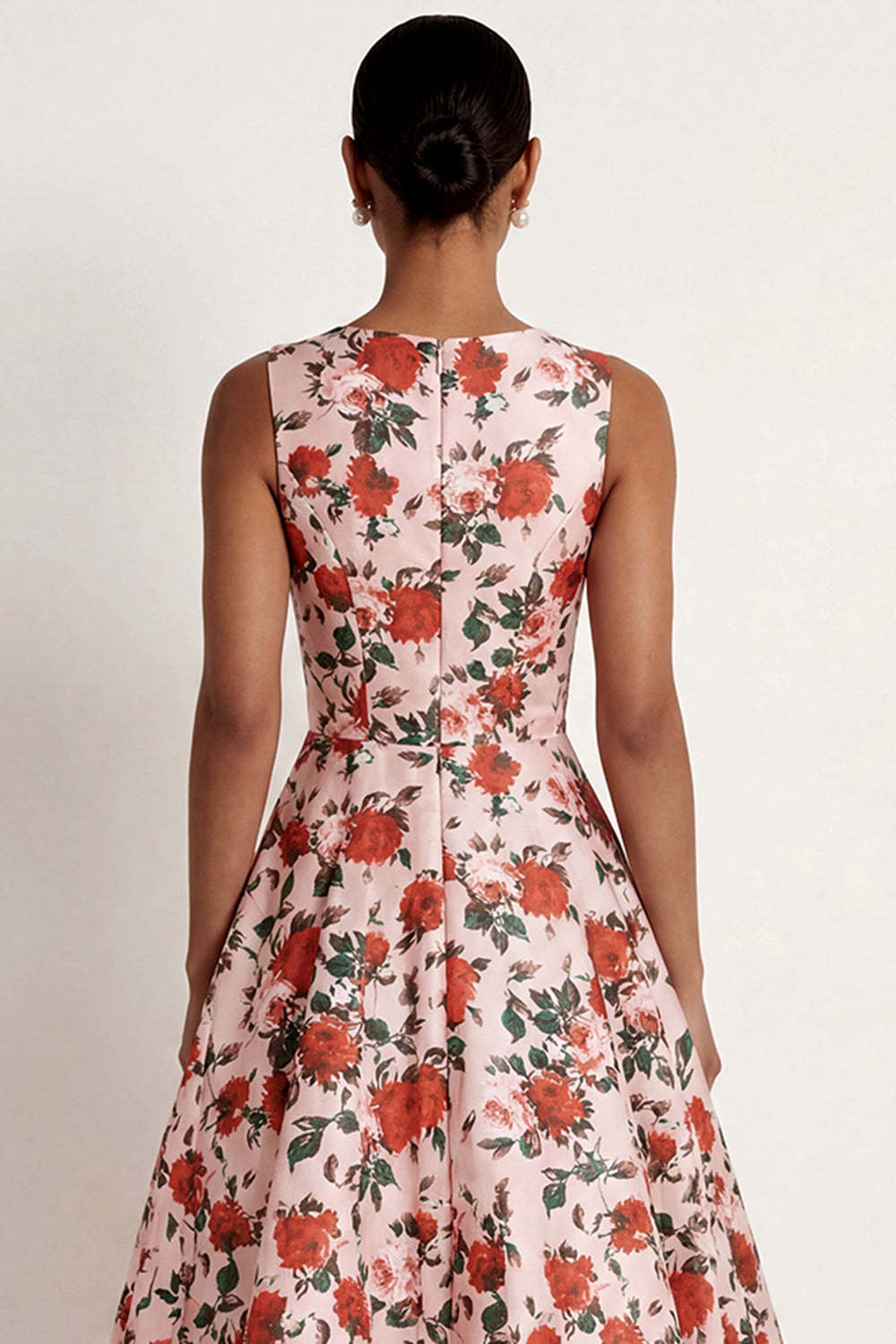 A Line Pink Red Floral Round Neck Long Formal Dress
