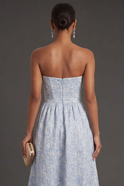 Blue Jacquard A Line Strapless Floral Long Formal Dress