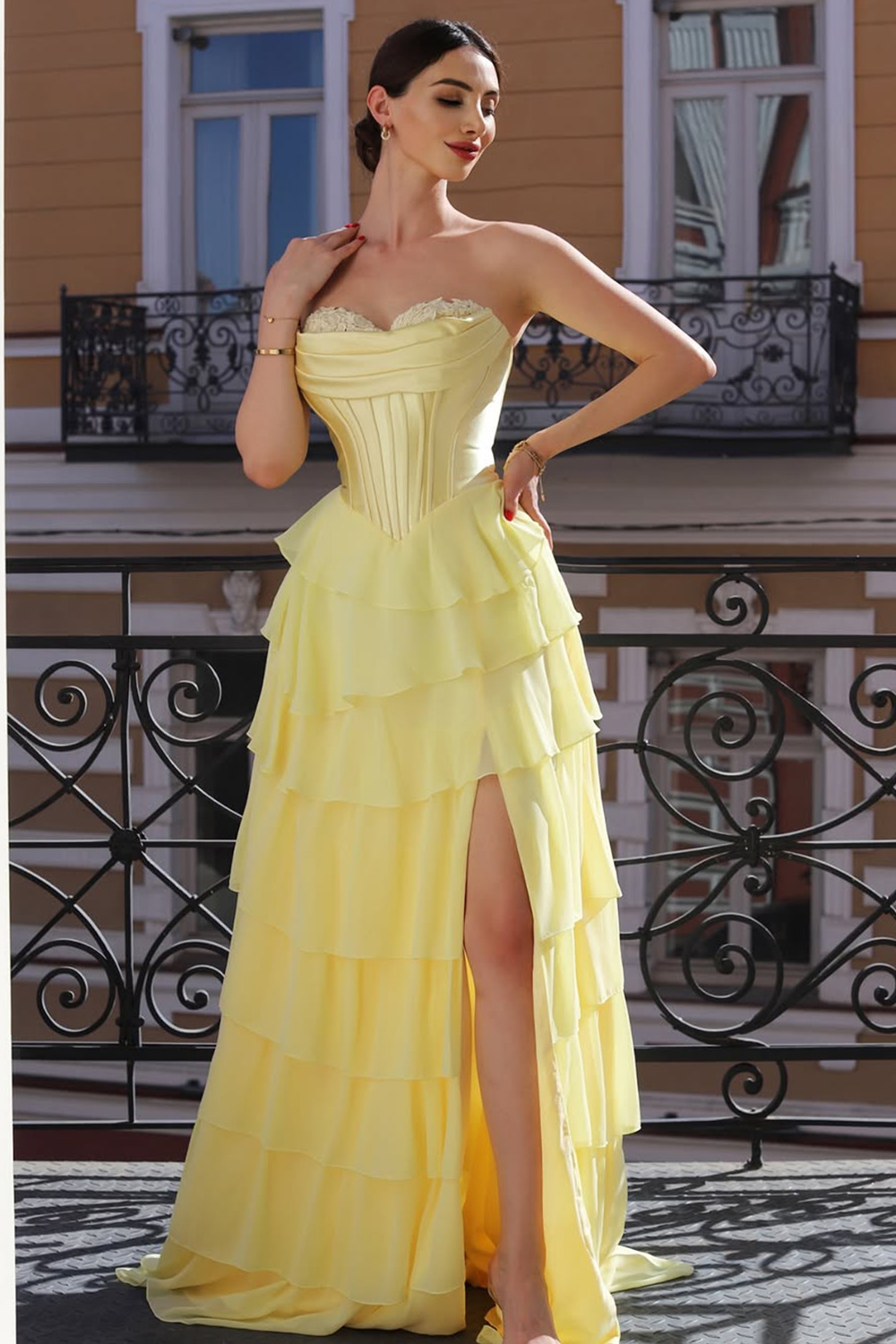Princess Yellow Sweetheart Corset Tiered A-Line Maxi Prom Dress