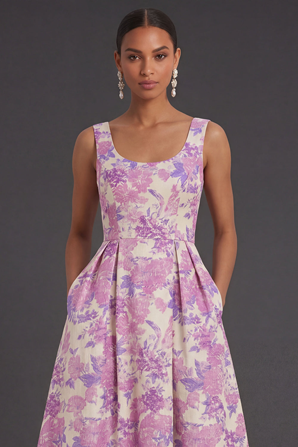Lilac Floral A Line Square Neck Long Formal Dress with Pockets