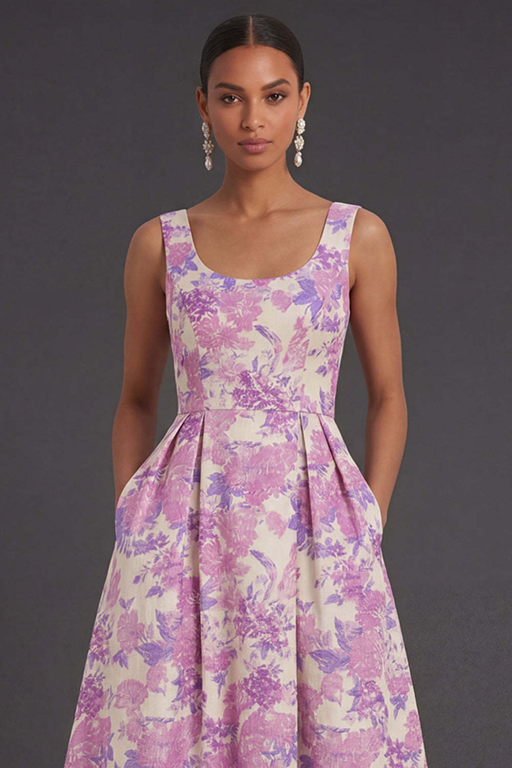 Lilac Floral A Line Square Neck Long Formal Dress with Pockets