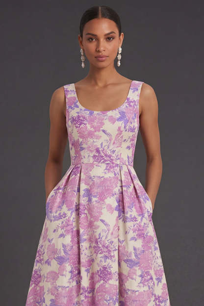 Lilac Floral A Line Square Neck Long Formal Dress with Pockets