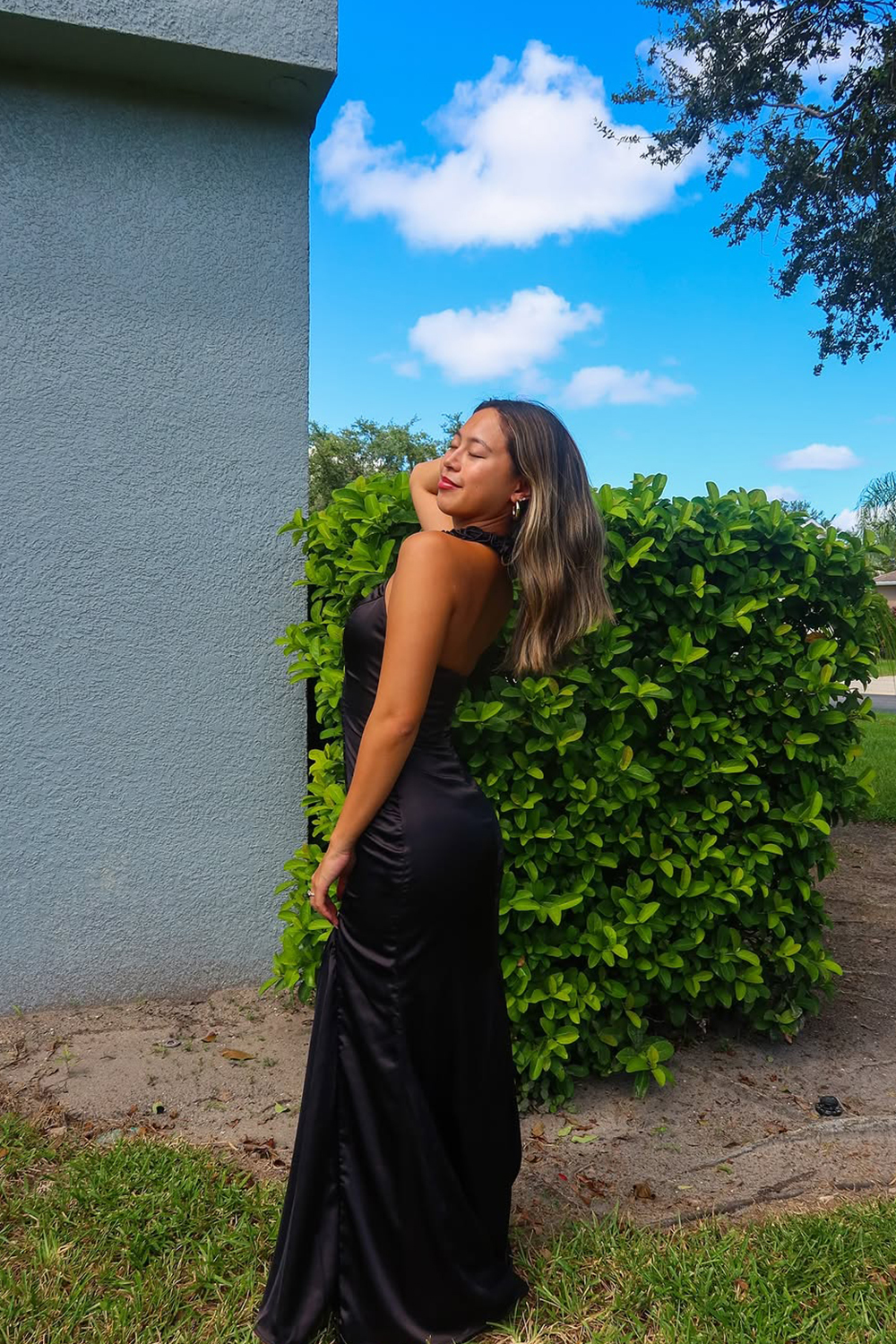 Black Halter Sheath Backless Floor Length Formal Dress with Slit