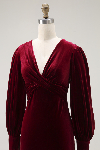 Cabernet Midi Velvet Sheath V-Neck Formal Dress with Sleeves
