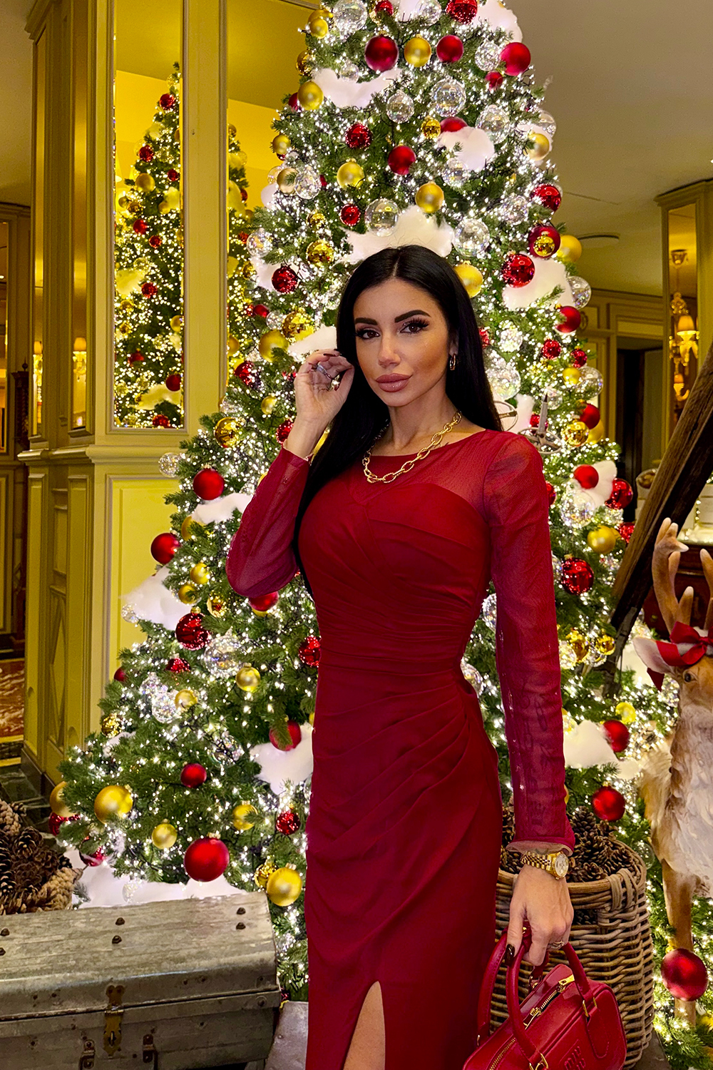 Long Cabernet Mermaid Ruched Illusion Neck Holiday Party Dress with Silt