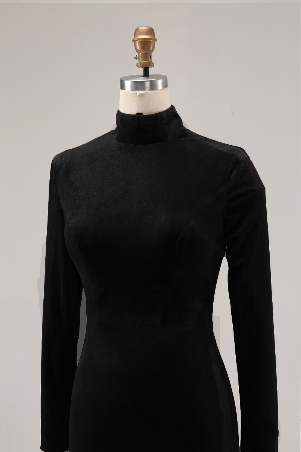 Black Velvet High Neck Sweep Train Holiday Party Dress with Sleeves