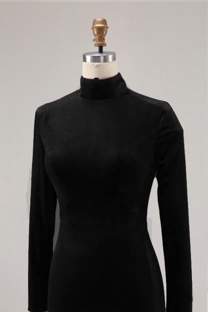 Black Velvet High Neck Sweep Train Holiday Party Dress with Sleeves