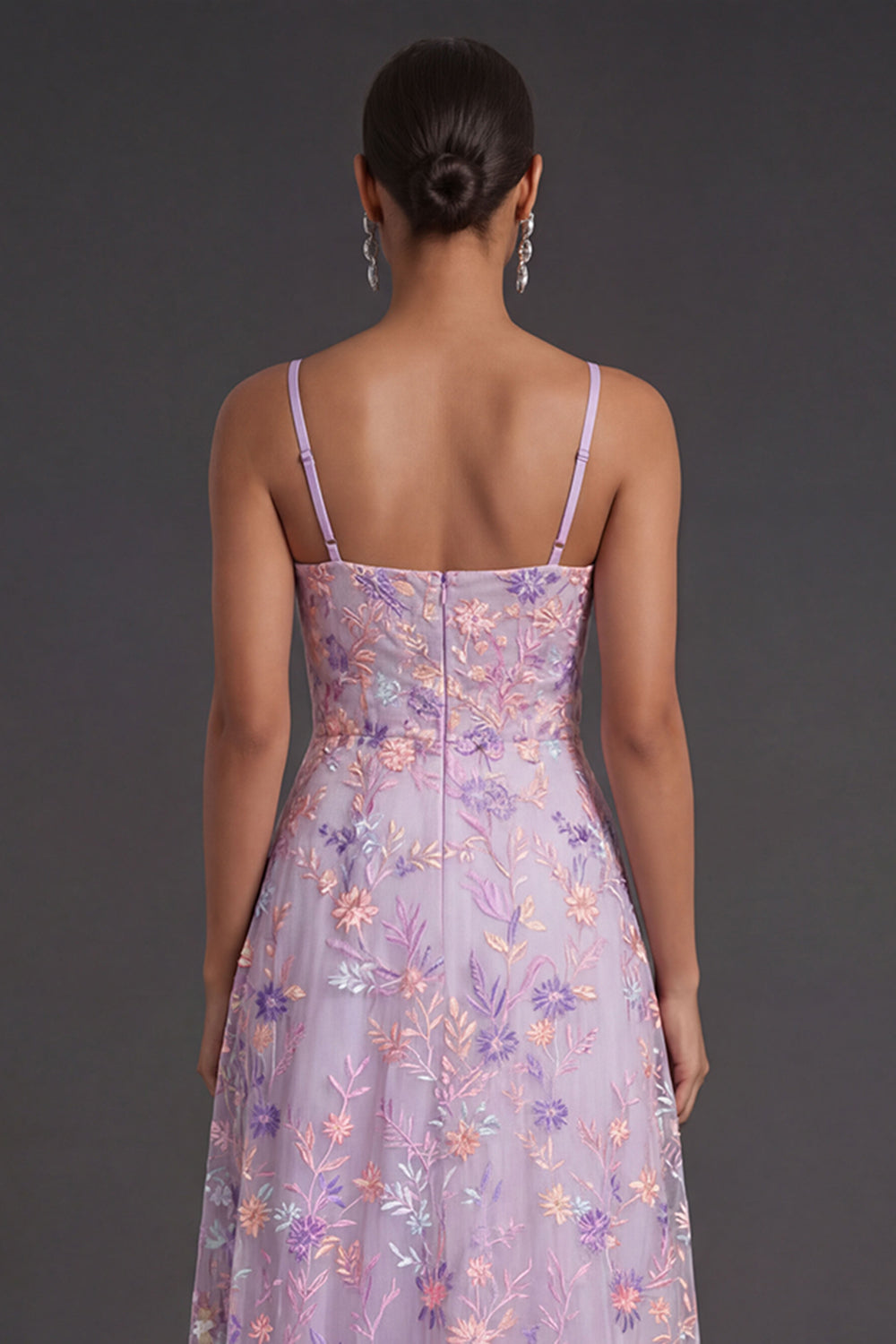Lilac A Line Spaghetti Straps Embroidered Floral Long Formal Dress