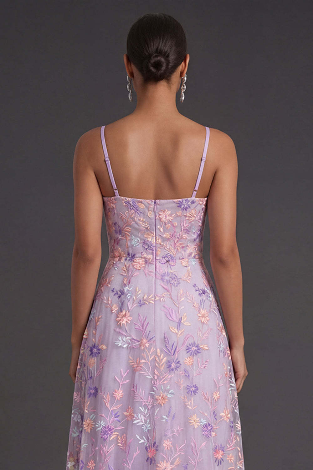 Lilac A Line Spaghetti Straps Embroidered Floral Long Formal Dress