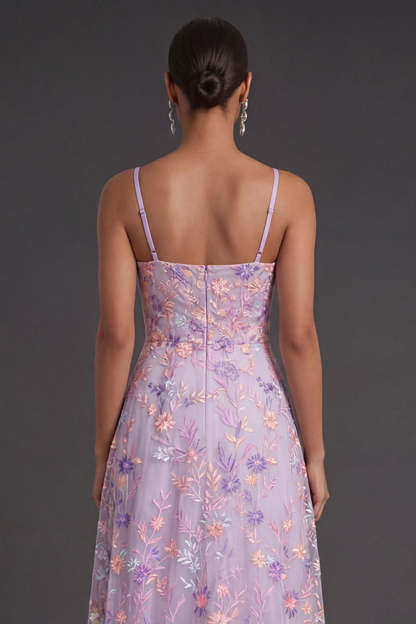 Lilac A Line Spaghetti Straps Embroidered Floral Long Formal Dress