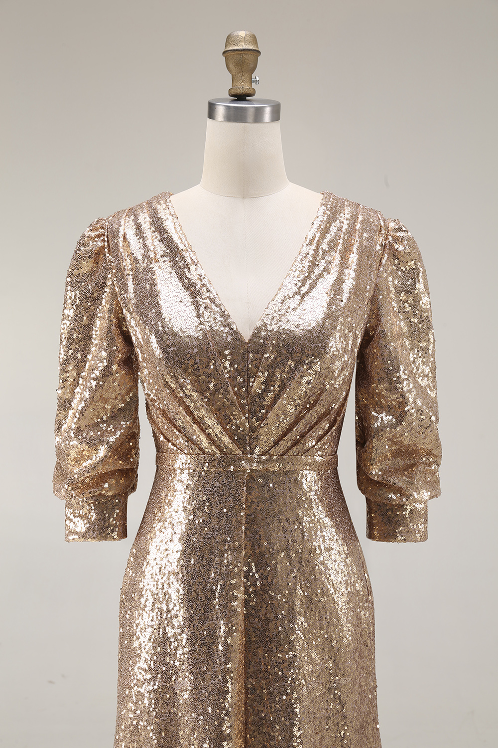 Sparkly Champagne Sequins Half Sleeves Long Formal Dress with Slit