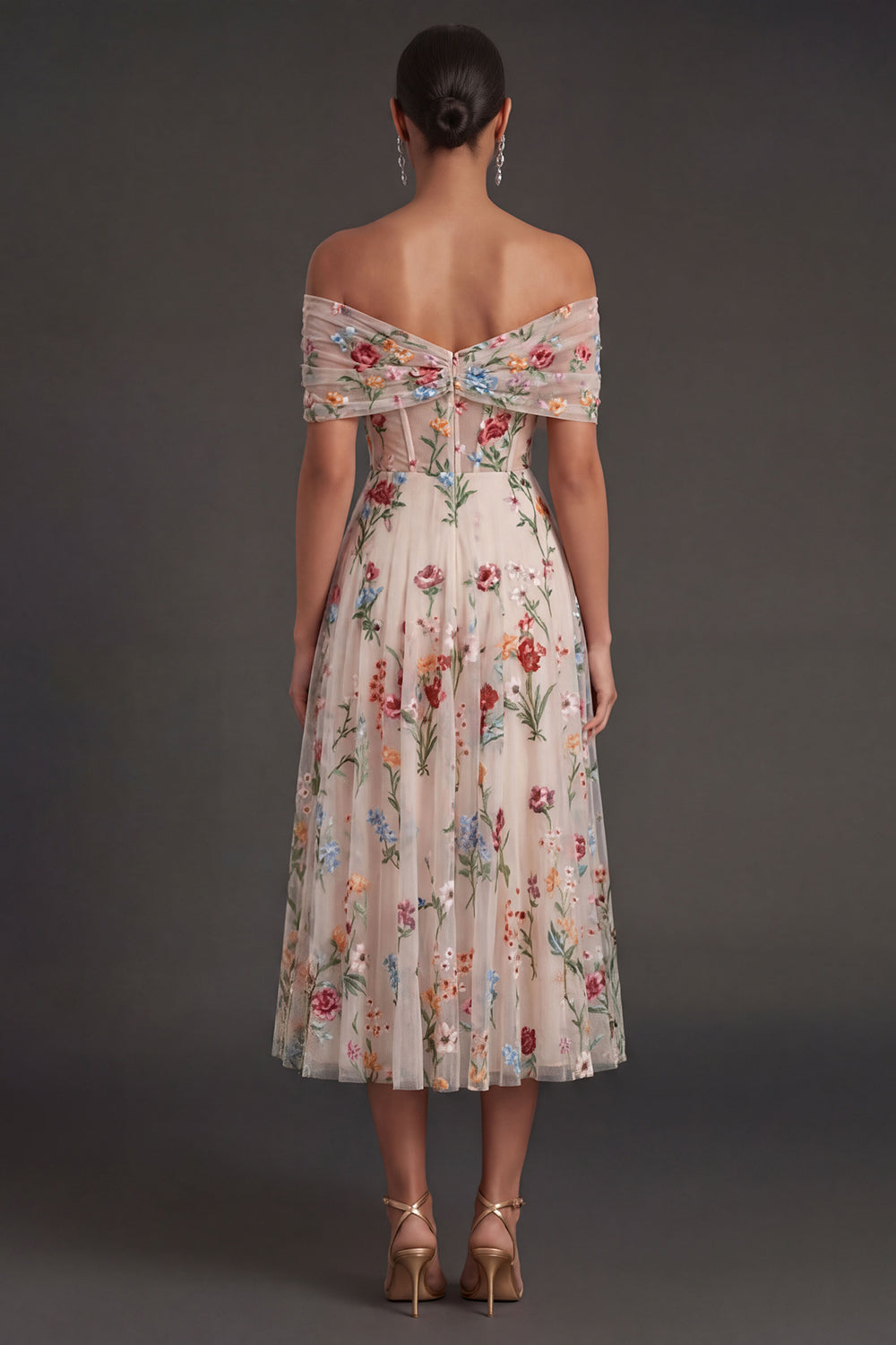 Black Floral A Line Embroidered Off the Shoulder Long Formal Dress