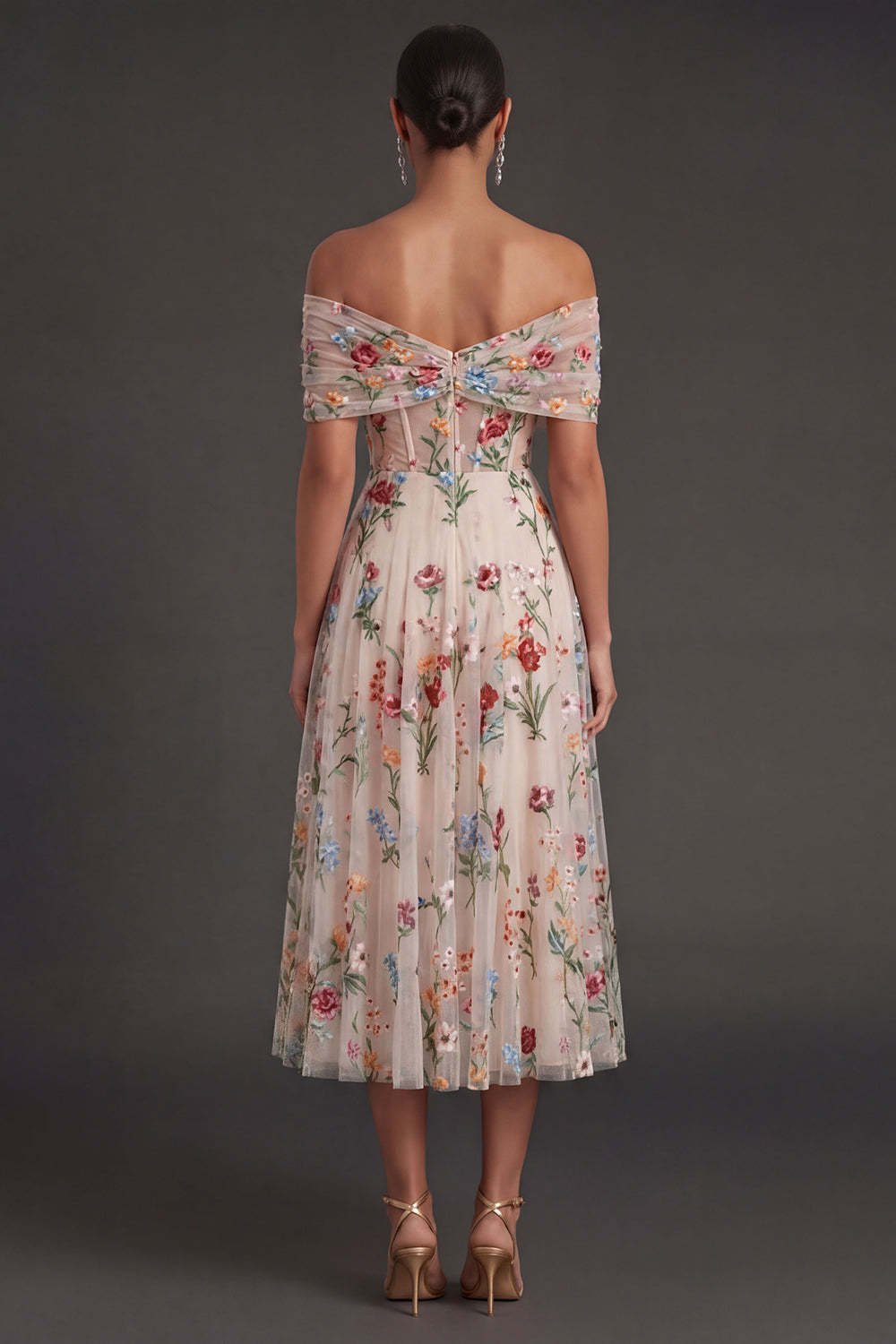 Black Floral A Line Embroidered Off the Shoulder Long Formal Dress