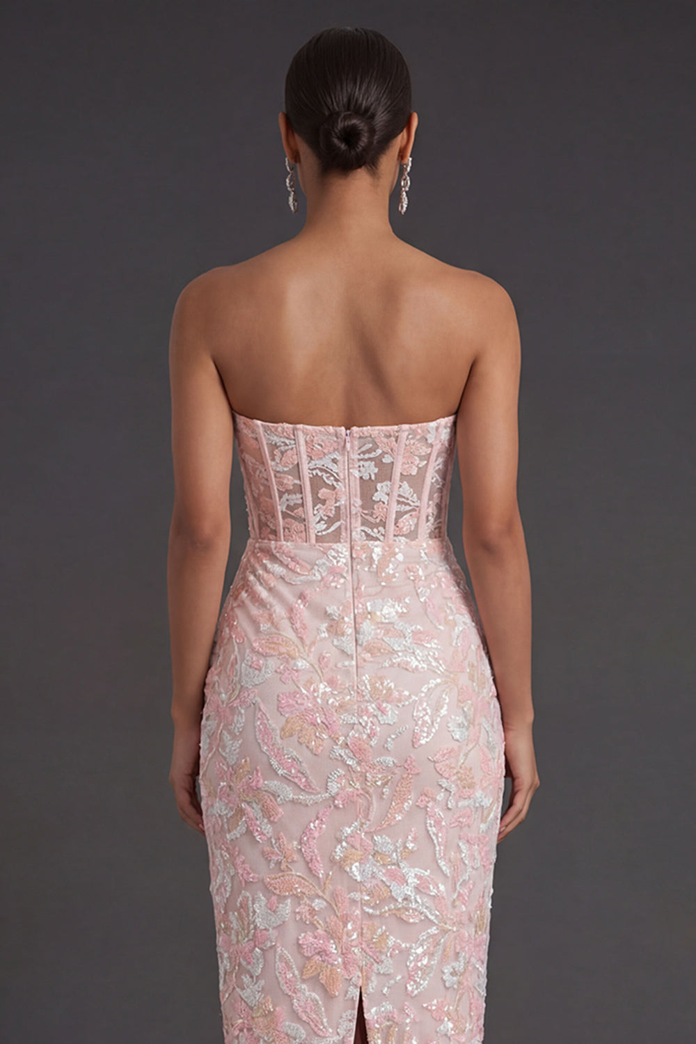 Pink Floral Appliqued Sheath Corset Long Formal Dress