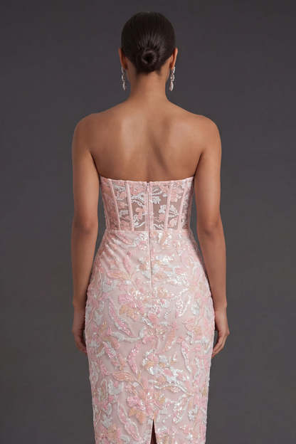 Pink Floral Appliqued Sheath Corset Long Formal Dress