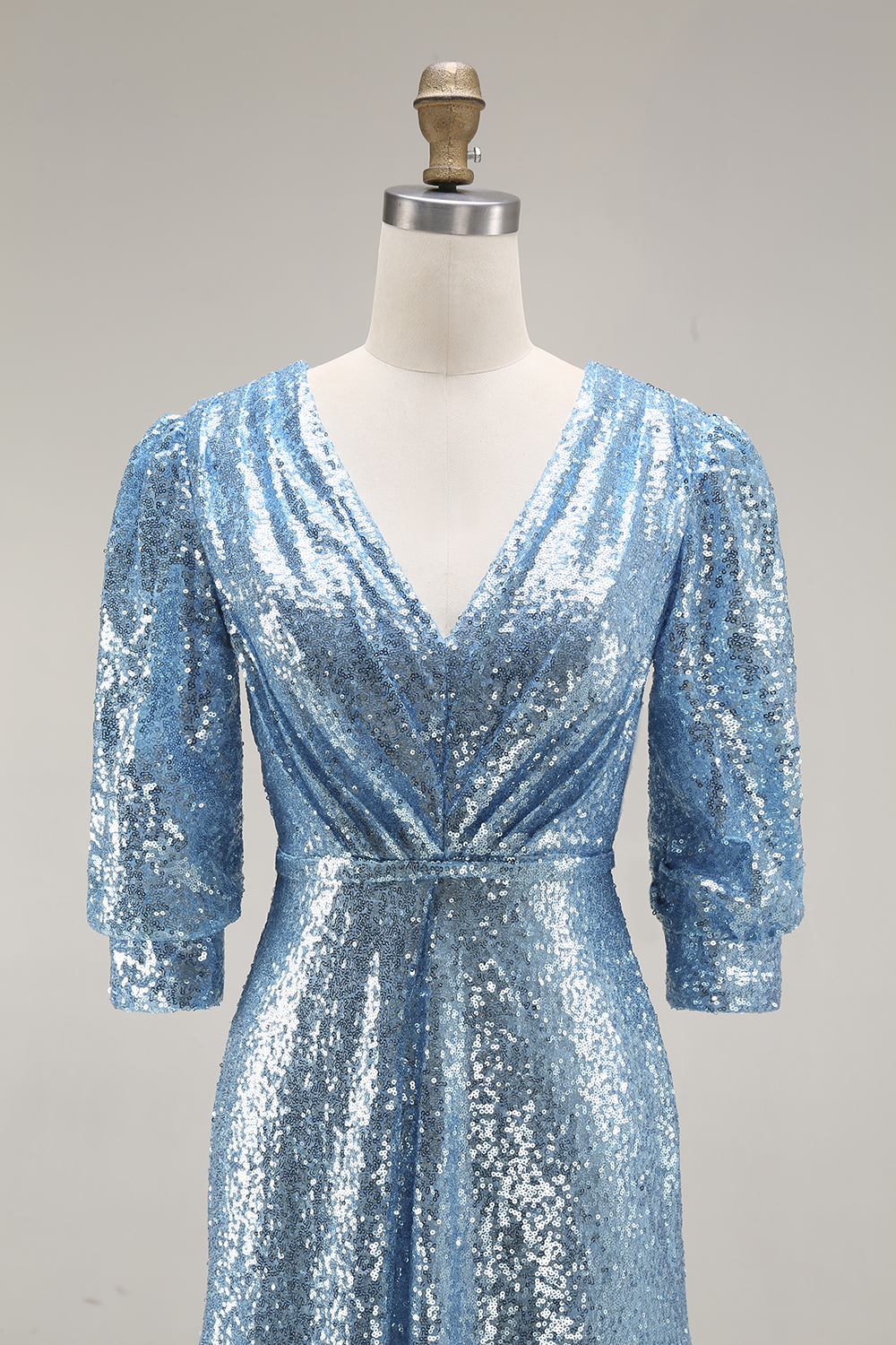 Sparkly Champagne Sequins Half Sleeves Long Formal Dress with Slit