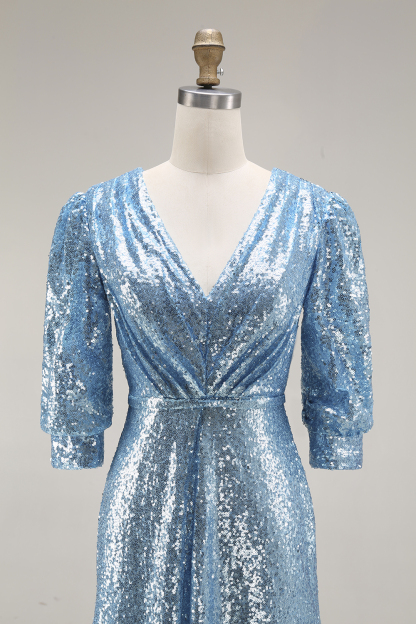 Sparkly Champagne Sequins Half Sleeves Long Formal Dress with Slit