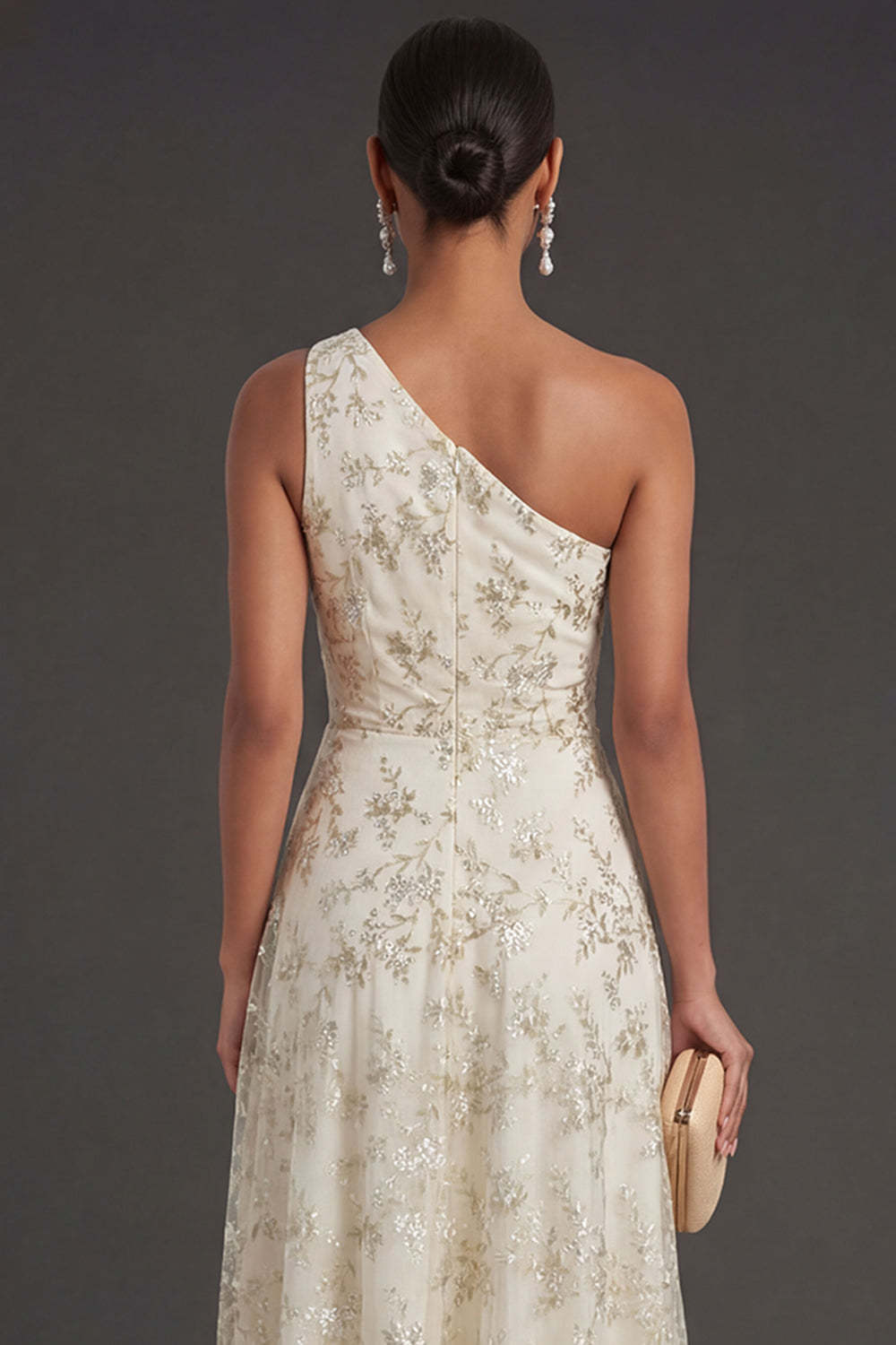 Light Green Floral A Line One Shoulder Long Formal Dress