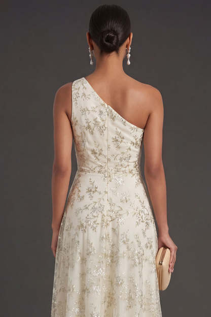 Light Green Floral A Line One Shoulder Long Formal Dress