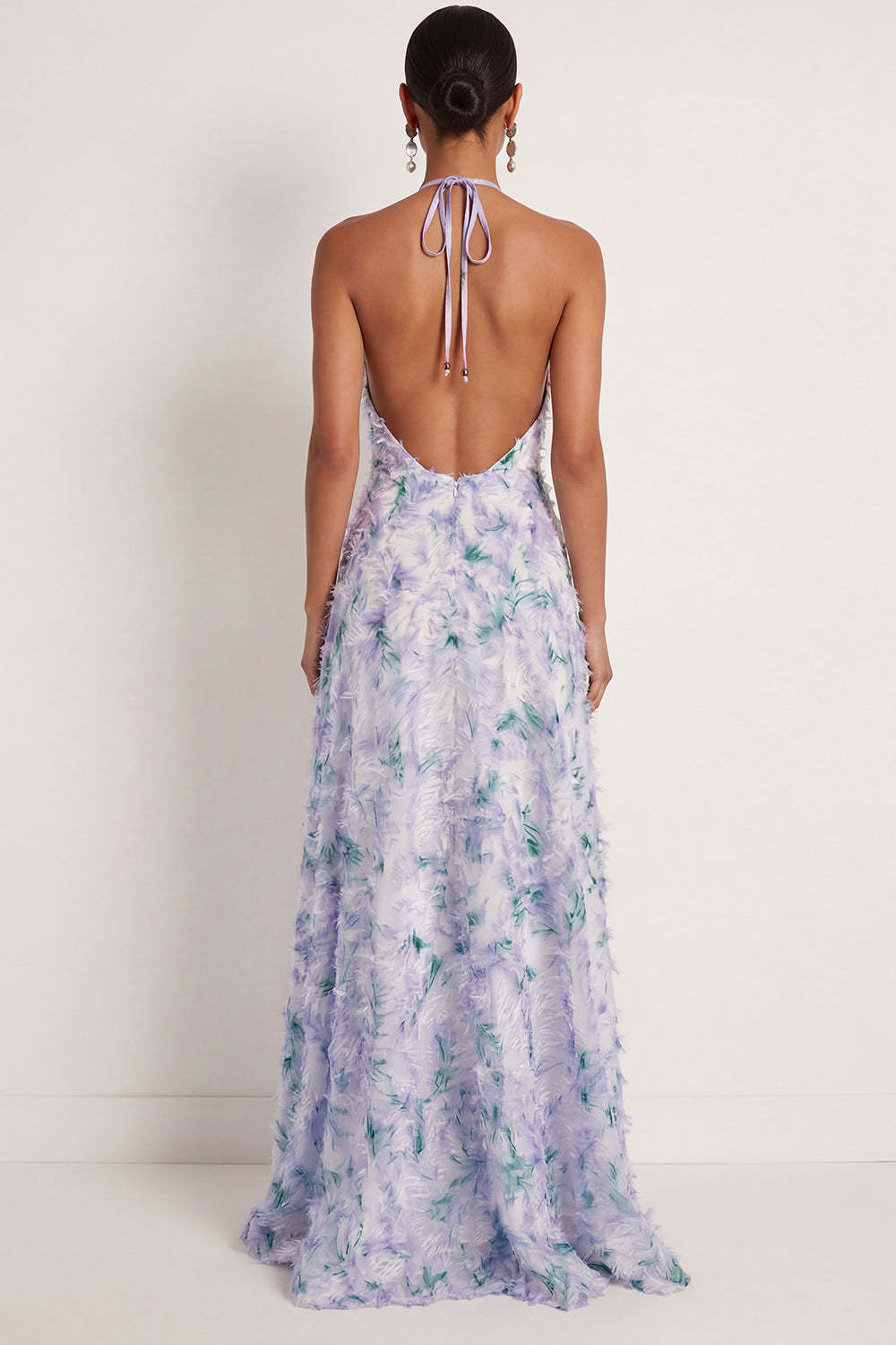 Light Purple Floral Halter Neck A Line Long Wedding Guest Dress with Cape