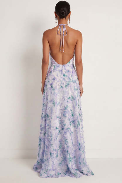 Light Purple Floral Halter Neck A Line Long Wedding Guest Dress with Cape