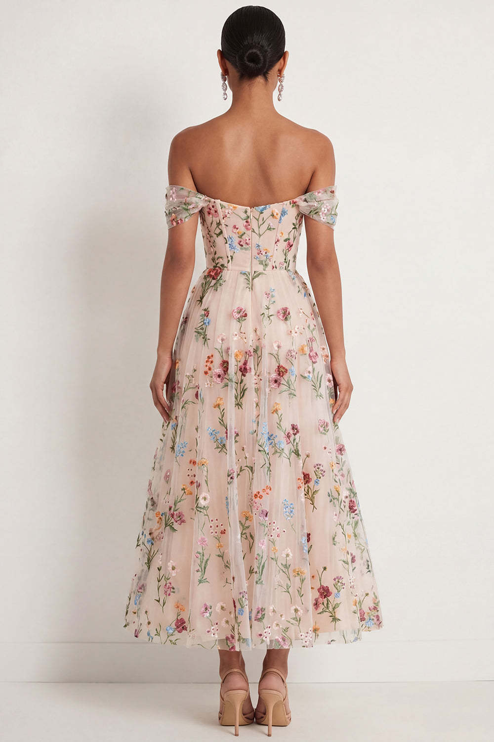 Black Floral A Line Embroidered Off the Shoulder Long Formal Dress