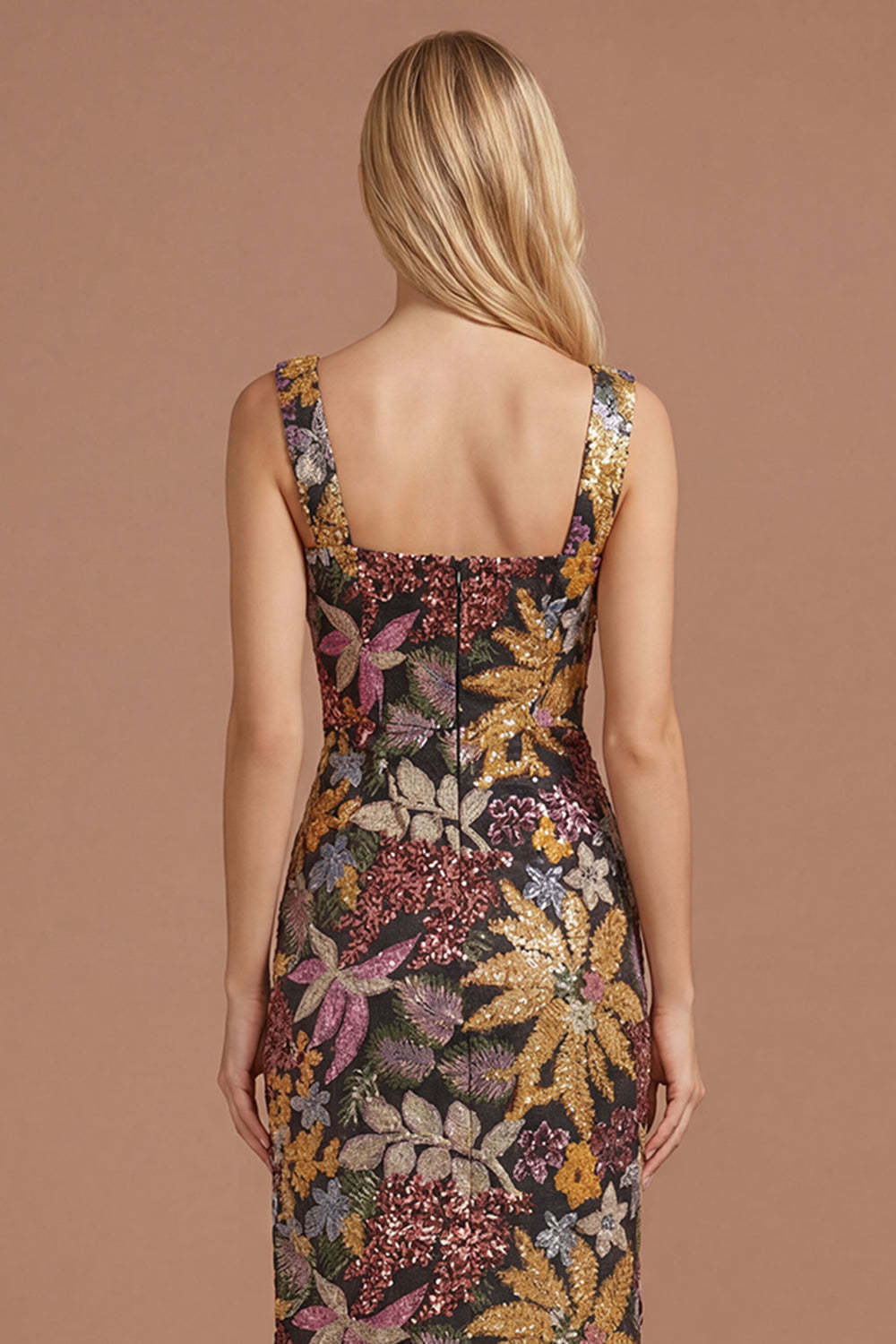 Sparkly Sequined Sheath Black Floral Thick Straps Long Formal Dress with Slit