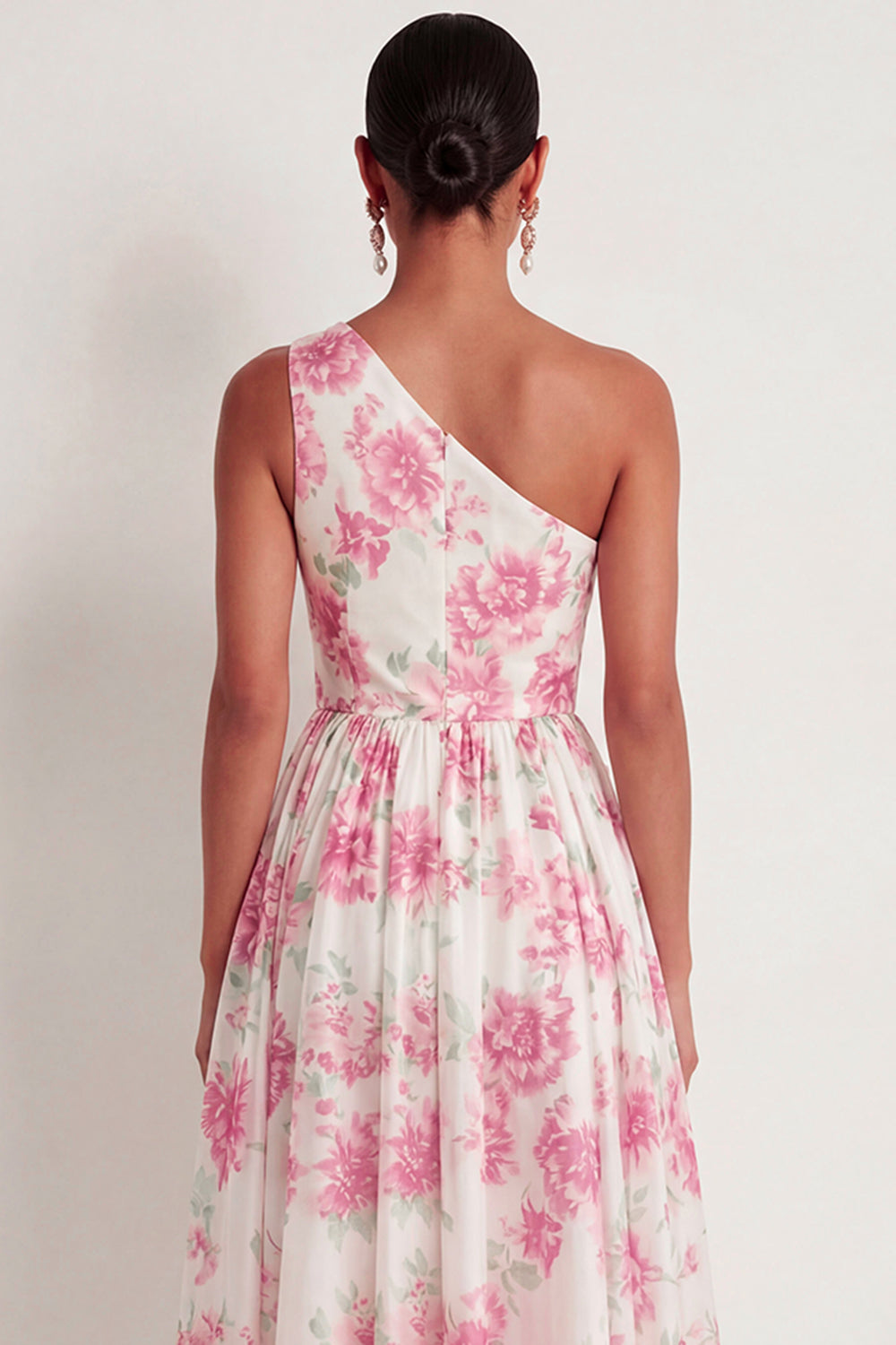 White Fuchsia Floral A Line One Shoulder Long Formal Dress