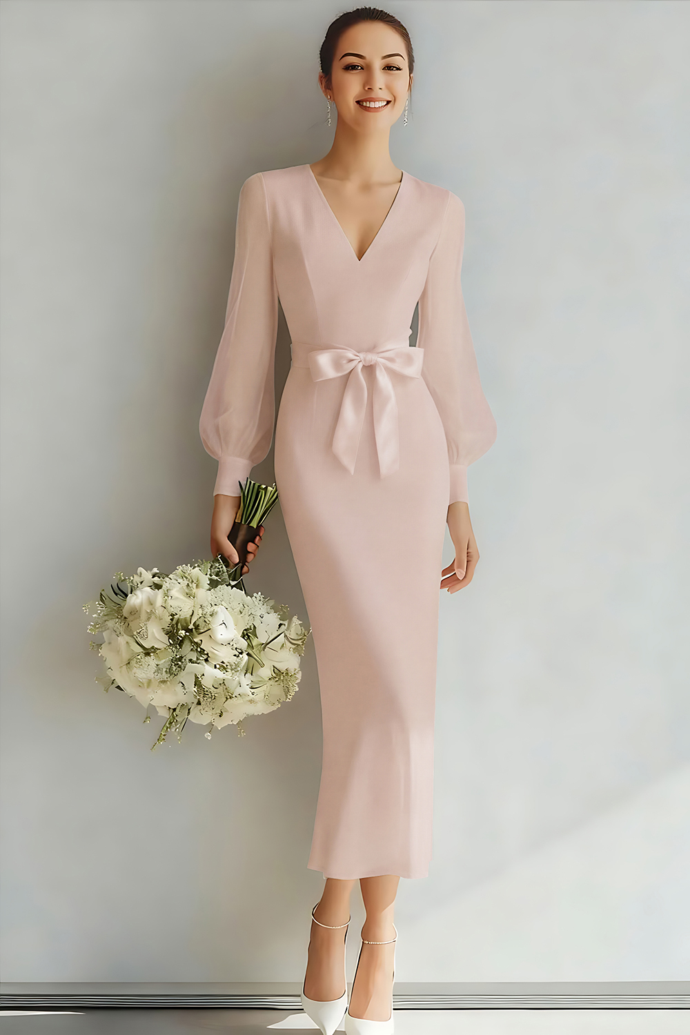 White V-Neck Sheath Long Sleeves Wedding Dress with Bow