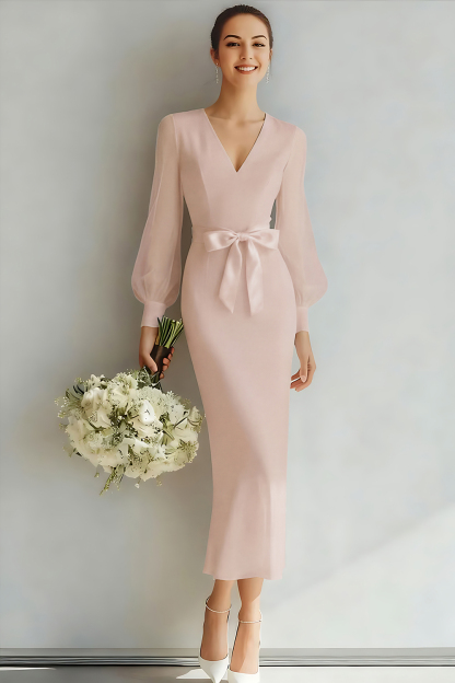 White V-Neck Sheath Long Sleeves Wedding Dress with Bow