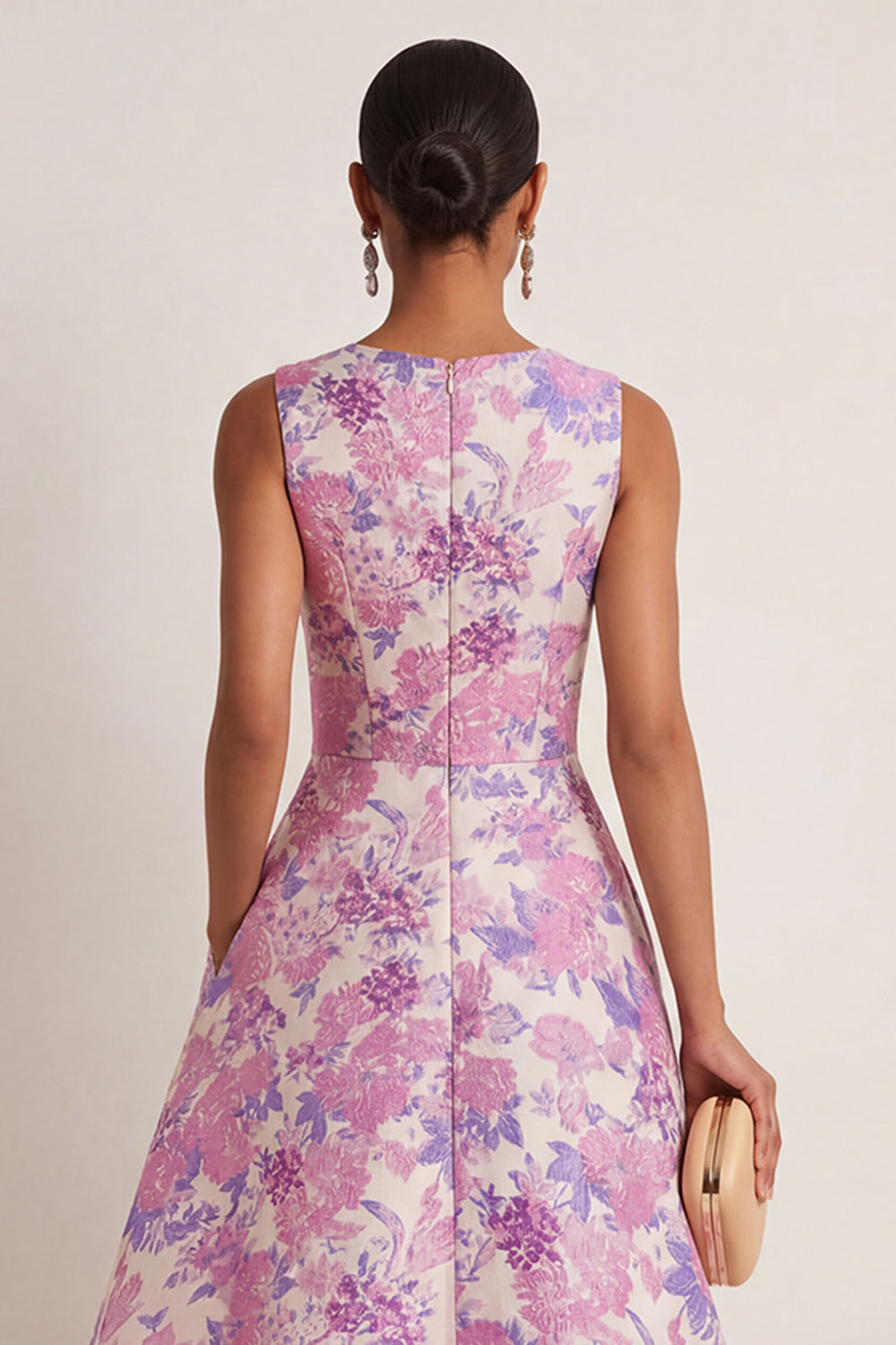 Floral Lilac A Line Round Neck Sleeveless Long Formal Dress