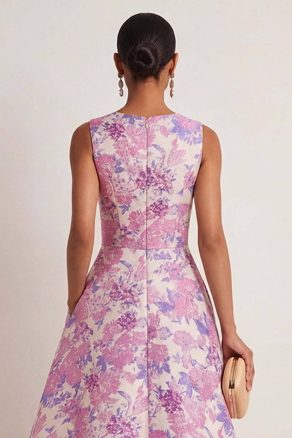 Floral Lilac A Line Round Neck Sleeveless Long Formal Dress