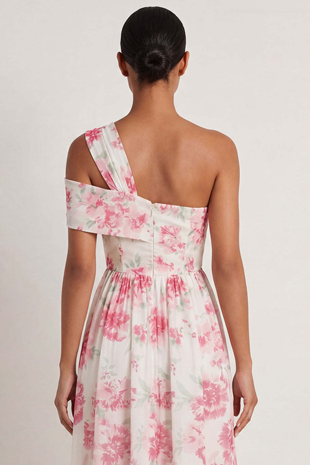 White Fuchsia Floral A Line One Shoulder Long Formal Dress