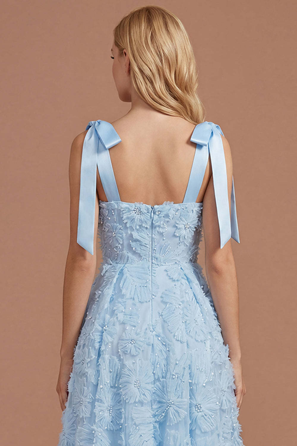 Sky Blue Floral A Line Thick Straps Appliqued Long Formal Dress