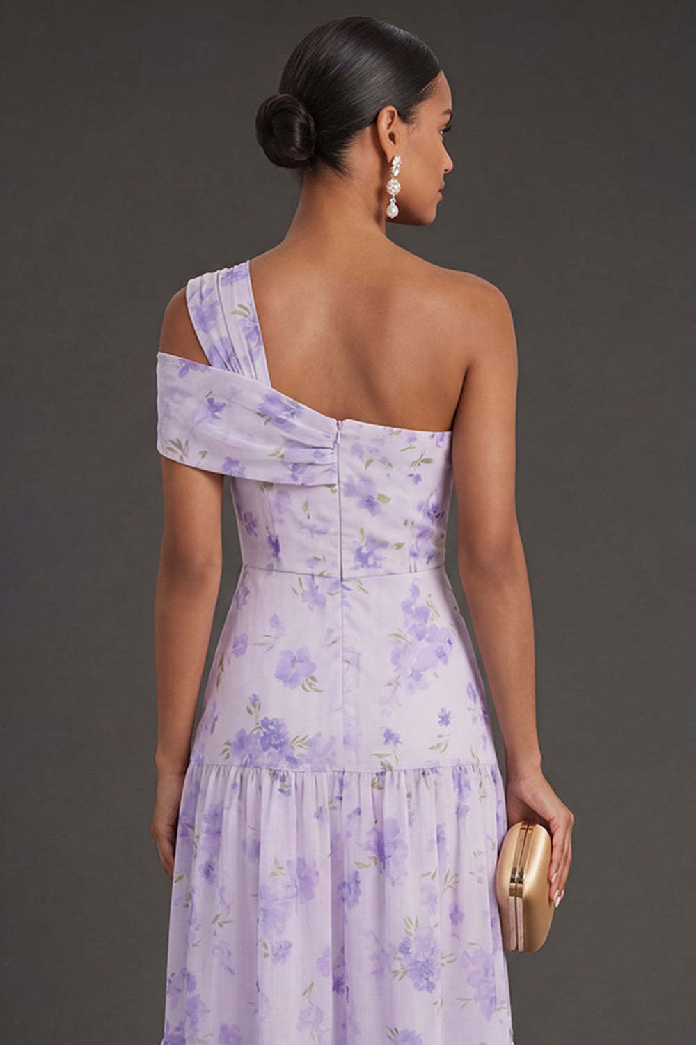 Floral Lilac One Shoulder A Line Long Formal Dress with Slit