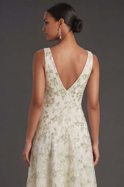 Light Green Floral A Line V Neck Long Formal Dress