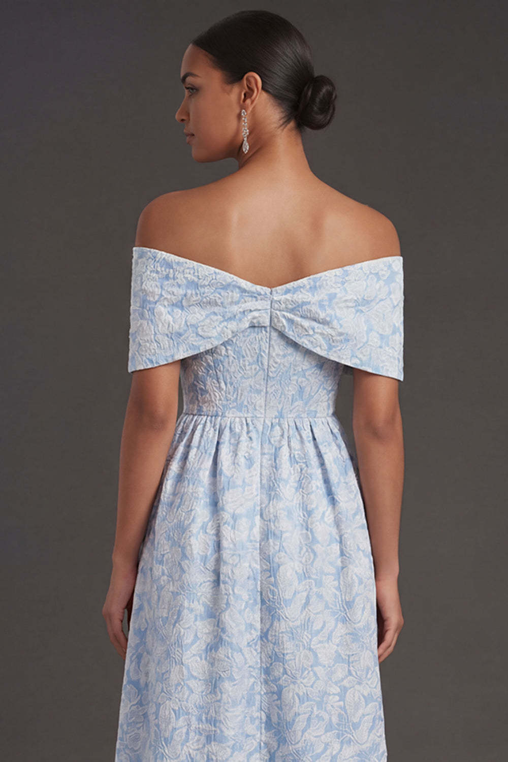 Blue Jacquard A Line Off the Shoulder Floral Long Formal Dress