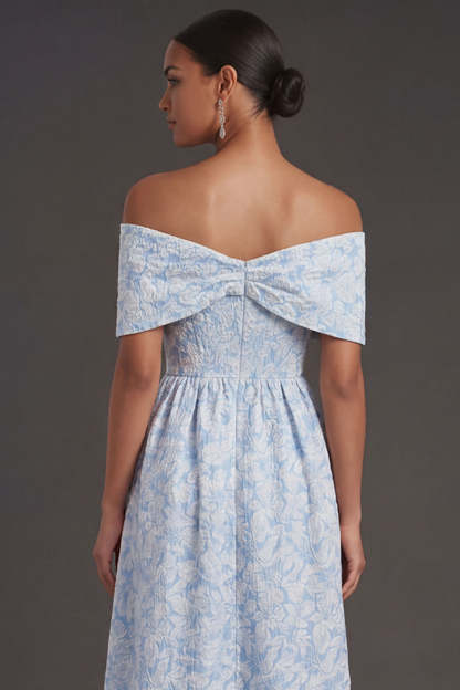 Blue Jacquard A Line Off the Shoulder Floral Long Formal Dress